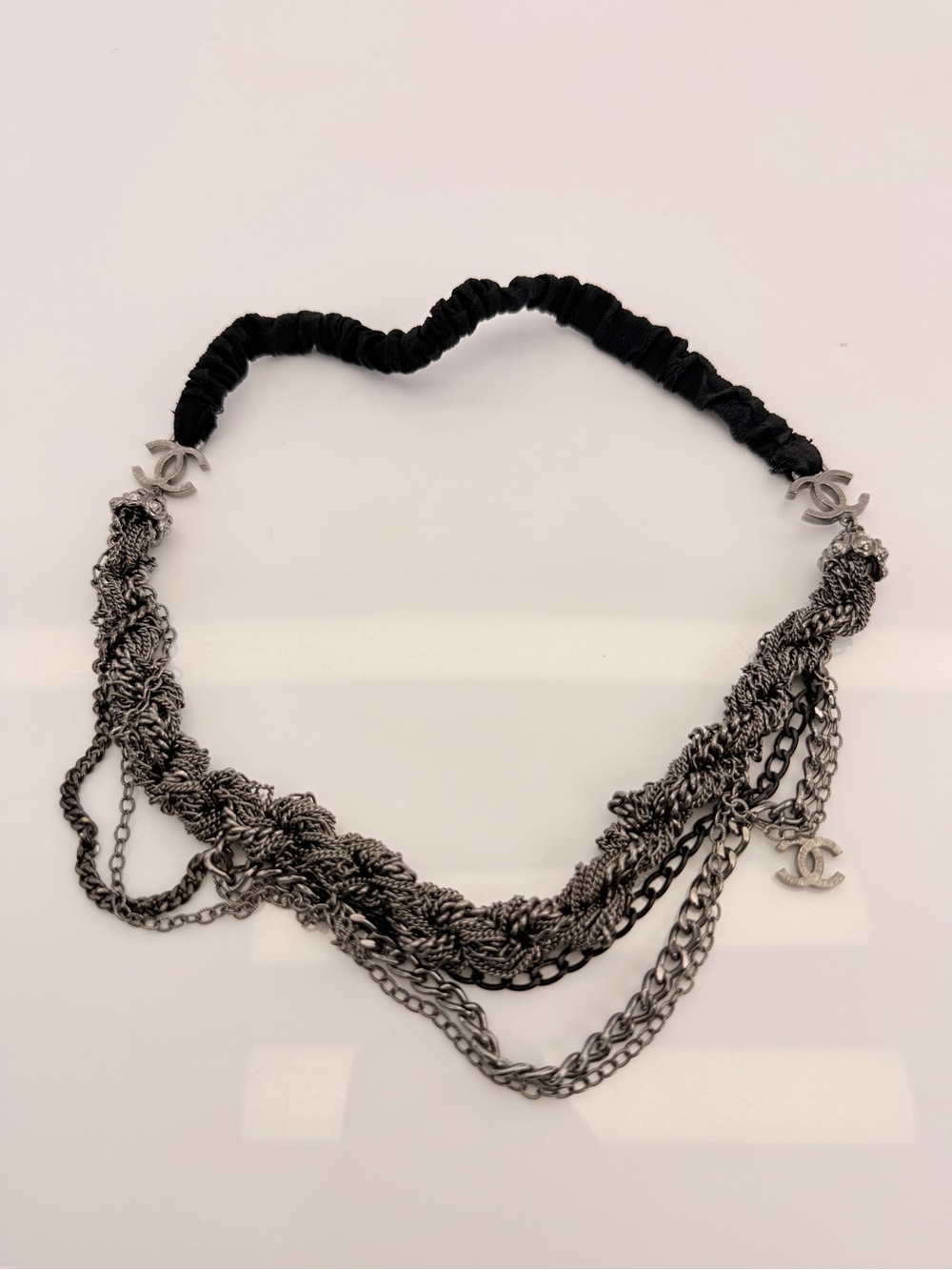 CHANEL Rare Ruthenium Black and Silver Layered Chain Headband with CC Charms